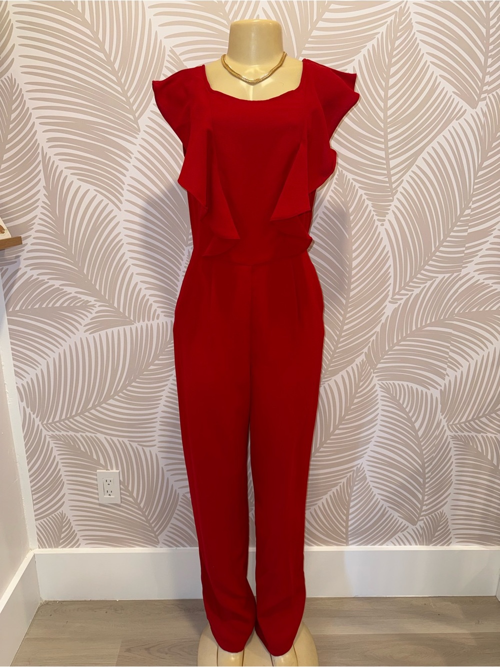 NAF NAF Red Ruffle-Detail Jumpsuit with pockets